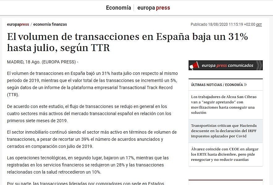 El volumen de transacciones en Espaa baja un 31% hasta julio, segn TTR